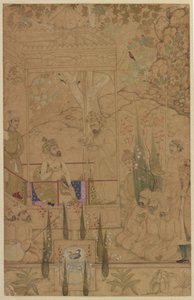 एक बाग में अटेंडेंट के साथ सम्राट बाबर, c। 1590 द्वारा इंडियन स्कूल