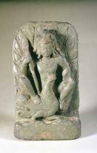 उनके मोर, पंजाब हिल्स (सैंडस्टोन) के साथ स्कंद का चित्र द्वारा इंडियन स्कूल