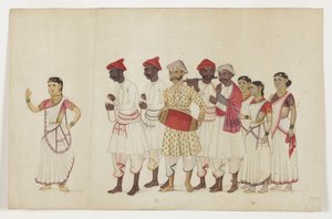 संगीतकारों के साथ जुलूस में चार महिला डांसर, c.1830 (कागज पर अपारदर्शी wc और सोना) द्वारा इंडियन स्कूल