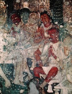 गुफा 16 (फ्रेस्को) के आंतरिक भाग से आकृतियों का समूह द्वारा इंडियन स्कूल