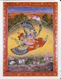 हिंदू धर्म: एक महान हिंदू देवता विष्णु (या विष्णु) और उनकी पत्नी लखमी को लेकर गरुड़ पक्षी का प्रतिनिधित्व द्वारा इंडियन स्कूल