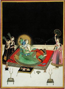 में। 67.23 राधा और कृष्ण खुद को आईने में निहारते हैं, c.1800 (वेल्लम) द्वारा इंडियन स्कूल