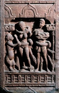 भारतीय कला: सुंदरानंद (नंदा) ने सुंदरी को शौचालय बनवाने में मदद की। अवधि कौचाने (कुषाण या कुषाण) द्वारा इंडियन स्कूल