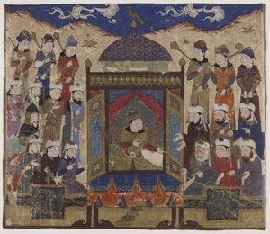 ख़ुसर परविज़ तख्त-ए तक़दीस पर बैठे, c.1425-50 द्वारा इंडियन स्कूल