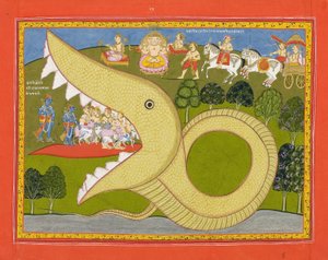 कृष्ण और चरवाहे अगासुरस मुंह में प्रवेश करते हैं, c.1800 (कागज पर अपारदर्शी wc और सोना) द्वारा इंडियन स्कूल