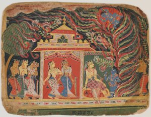 कृष्ण भागवत पुराण से बवंडर दानव द्वारा ले गए। c.1520-30 (कागज पर अपारदर्शी wc) द्वारा इंडियन स्कूल