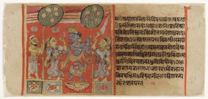 कृष्ण दो गोपियों के सामने झूमते हुए, एक भक्त के साथ, बालगोपालस्तुति c.1450 (कागज पर अपारदर्शी wc और सोना) से द्वारा इंडियन स्कूल