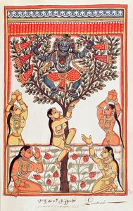 यमुना नदी में तैरते हुए गोपी के कपड़े चोरी करते कृष्ण (कागज पर wc) द्वारा इंडियन स्कूल