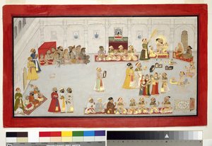 महाराणा संग्राम सिंह अपने बच्चों और अदालतों के साथ, c.1715 (कागज पर अपारदर्शी wc और सोना, एक एल्बम पृष्ठ पर घुड़सवार) द्वारा इंडियन स्कूल