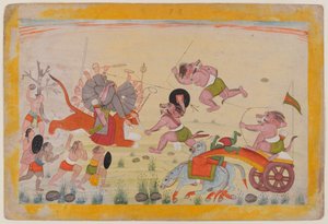 महासुर ने देवी पर हमला किया, एक बिखरी हुई देवी महात्म्य श्रृंखला से फोलियो, c.1770-80 (कागज पर लिखा) द्वारा इंडियन स्कूल