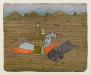 राजकुमार शिकार जंगली सूअर (लघु चित्रकारी), 1765 (कागज पर अपारदर्शी wc और सोना) द्वारा इंडियन स्कूल