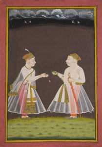 संभवत: उदयपुर के राणा राज सिंह का चित्र (1661-81) एक महानुभाव, 1820 को पैन भेंट करता है द्वारा इंडियन स्कूल