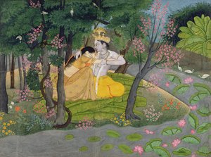 राधा और कृष्ण ने फूलों के पेड़ों के एक समूह में अवतार लिया, c.1780 (wc कागज पर)