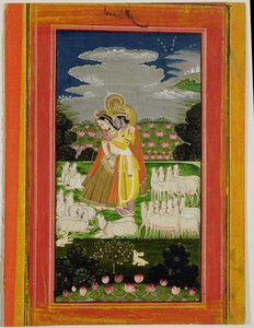 गायों के साथ एक आदर्श परिदृश्य में राधा और कृष्ण गले मिलते हैं, c.1780 (कागज पर अपारदर्शी wc) द्वारा इंडियन स्कूल