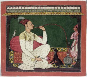 राजा मेदिनी पाल, तिकारी के पात्रों में उल्टा अंकित, बिलौरिया मदिनी पाल, बसोहली, हिमाचल प्रदेश, पहाड़ी स्कूल, 1735 द्वारा इंडियन स्कूल
