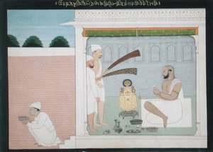 राजा बुलवंत सिंह पूजा करते हुए, c.1750 (कागज पर स्याही और रंगीन धुलाई) द्वारा इंडियन स्कूल