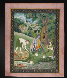 राम, लक्ष्मण, और सीता खाना पकाने और खाने में जंगल, c.1820 (कागज पर सोने के साथ गौचे) द्वारा इंडियन स्कूल
