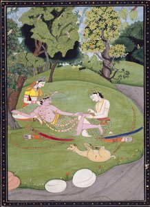 राम ने सीता के खिलाफ पुनर्विचार किया, जबकि उनके भाई लक्ष्मण ने अपने पैर से कांटा खींचा, 1845 (कागज पर गौचे, स्याही और सोना) द्वारा इंडियन स्कूल