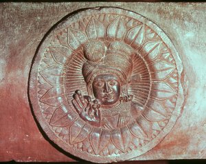मध्य प्रदेश के भरहुत, देर मौर्य काल, सुंग वंश (180-72 ई.पू.) से बौद्ध स्तूप से एक आदमी के सिर के साथ कमल के फूल का चित्रण