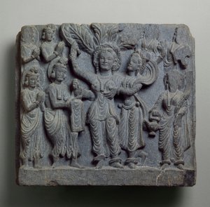 बुद्ध, गांधार, शायद सीकरी के जन्म का चित्रण, दूसरी-तीसरी शताब्दी (विद्वान) द्वारा इंडियन स्कूल