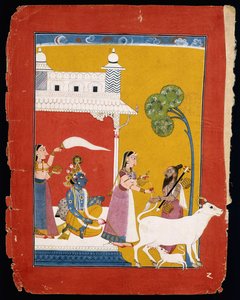रुक्मिणी ऋषि नारद को जल अर्पित करती हैं जबकि उनकी पत्नी कृष्णा उनके घर में बैठती हैं, c.1725-1730 द्वारा इंडियन स्कूल
