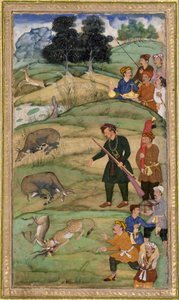 सलीम, अपनी राइफल पकड़े हुए, एक मृत नीलगाय पर इशारे करता है, c.1600 (अपारदर्शी wc और स्नातक स्तर पर स्नातक) द्वारा इंडियन स्कूल