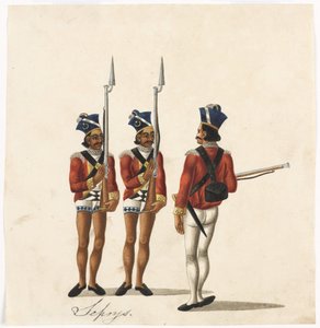 सिपाही और एक भारतीय अधिकारी, बंगाल सेना, c.1815 (कागज पर पानी के रंग का) द्वारा इंडियन स्कूल