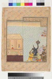 छह राक्षस और नौ देवता एक घर के पास पहुंचते हैं जहां एक आदमी सोता है, c.1625 द्वारा इंडियन स्कूल