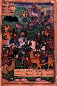 1600, निजाम, मुगल द्वारा खम्स (क्विंट) की कहानी पर आधारित अमीर खुसरौ दिहलवी (1253-1325) द्वारा लिखी गई कविता लैला और मजनूं की कविता, फोलियो की लड़ाई 15b। द्वारा इंडियन स्कूल