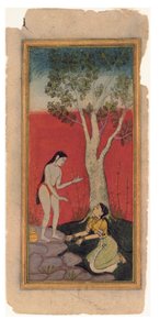 ऋषि के साथ आकाशीय अप्सरा नलिकाएं, c.1600 (कागज पर अपारदर्शी wc और सोना) द्वारा इंडियन स्कूल