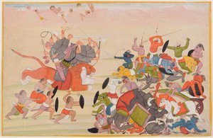 देवी ने महिषासुर को हराया, एक बिखरी हुई देवी महात्म्य श्रृंखला से फोलियो, c.1770-80 (कागज पर wc) द्वारा इंडियन स्कूल