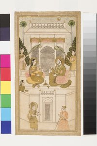 गोलकुंडा के सुल्तान, कुली कुतुब शाह, उनके संघ के साथ बैठे, 1700-25 (कागज पर अपारदर्शी wc और सोना) द्वारा इंडियन स्कूल