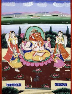 देवत्व गणेश (गणेश या गणपति), शिव और पार्वती की बेटी। 19वीं सदी का भारतीय लोकप्रिय प्रिंट। द्वारा इंडियन स्कूल