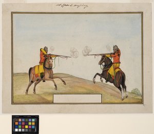 राइफल फायर का आदान-प्रदान करने वाले दो घुड़सवार, c.1830 (कागज पर अपारदर्शी जल रंग और सोना) द्वारा इंडियन स्कूल