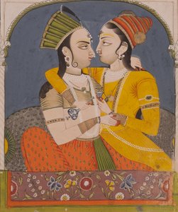 दो रानियों ने एक ड्रिंक साझा करते हुए, एक एलोवे में प्रेमी को गले लगाया, c.1780 (कागज पर अपारदर्शी wc और पेपर) द्वारा इंडियन स्कूल