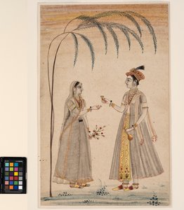 एक पेड़ के नीचे दो महिलाएं, c.1750 (अपारदर्शी जल रंग और कागज पर सोना) द्वारा इंडियन स्कूल