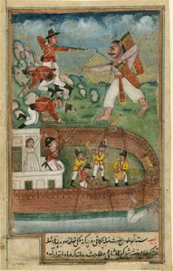 एक दानव आक्रमणकारी अन किला डिफेंदु पर डेस सोल्ट्स डी यूरोप - यूरोपीय सैनिकों द्वारा संरक्षित किले पर हमला करने वाले भारतीय राक्षस - भारतीय कला - सी। १७९० - कागज पर जल रंग - २४x१५,३ - निजी संग्रह द्वारा इंडियन स्कूल