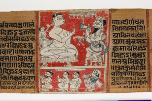 राजीव और लक्ष्मी के साथ विमलपर्व की बातचीत, c.1300 (ताड़ के पत्ते पर अपारदर्शी wc) द्वारा इंडियन स्कूल