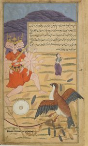 Vol.1 fol.132 गिद्ध जटायुस सीतास की याचिका सुनता है और रावण (अपारदर्शी जल, स्याही और कागज पर सोने) को लड़ाई देता है द्वारा इंडियन स्कूल