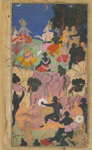 Vol.2 fol.194 रामा ने माउंट पर वाना प्रमुखों के साथ सामना किया सुवेला (अपारदर्शी जल रंग, कागज पर स्याही और सोना) द्वारा इंडियन स्कूल