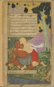 Vol.2 fol.220 सुग्रीव ने कुंभकर्ण के अचानक उत्परिवर्तन (कागज पर अपारदर्शी जल रंग, स्याही और सोना) द्वारा अपनी स्वतंत्रता प्राप्त की द्वारा इंडियन स्कूल