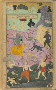 Vol.2 fol.237 राम और लक्ष्मण लंका पर हमले में शामिल (अपारदर्शी जल रंग, स्याही और कागज पर सोना) द्वारा इंडियन स्कूल