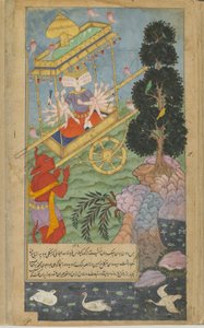 Vol.2 fol.297 रावण कुवेरा से रथ पुष्पक को जब्त करता है (अपारदर्शी जल रंग, स्याही और सोने के रंग) द्वारा इंडियन स्कूल