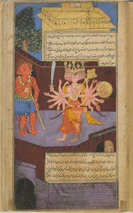 Vol.2 fol.305 रावण का सामना वैलिस पैलेस में एक भयावह द्वार अभिभावक से होता है (अपारदर्शी जल रंग, कागज पर स्याही और सोना) द्वारा इंडियन स्कूल