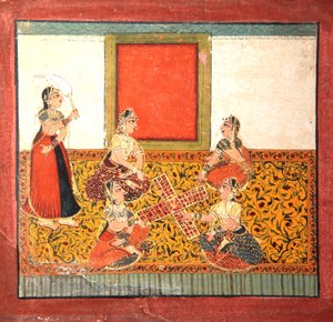 पारचेसी खेलने वाली महिलाएं, पीले रंग की पैटर्न वाली फर्श पर बैठी, c.1725 (कागज पर अपारदर्शी wc और सोना) द्वारा इंडियन स्कूल