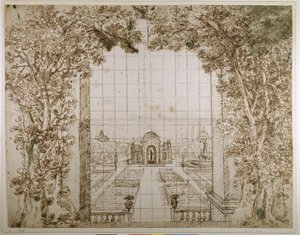 एक बगीचा और राजसी विला (कागज पर कलम और स्याही)
