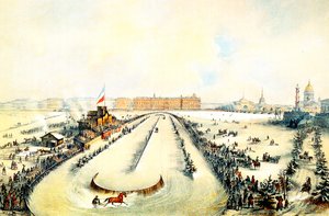 1859 में सेंट पीटर्सबर्ग में जमे हुए नेवा नदी पर घुड़दौड़। द्वारा Iosif Adolfovich शारलेमेन
