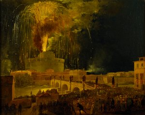 ला गिरांडोला: रोम में Castel Sant'Angelo में आतिशबाजी, 1830 का दशक।