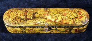 एक पैपीयर माचे पेन बॉक्स, शीर्ष जो चल्डिरन की लड़ाई के साथ चित्रित किया गया था द्वारा ईरानी स्कूल