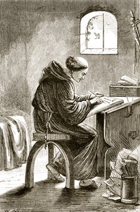 सेंट विंसेंट (1829-99) द्वारा द ट्रायन्स थुमातुर्ग, या आयरलैंड के थ्री वंडर-वर्किंग सेंटर्स से फेरिन्स में सेंट विंसेंट अपने सेल में लिखते हुए, c.1890s प्रकाशित द्वारा आयरिश स्कूल